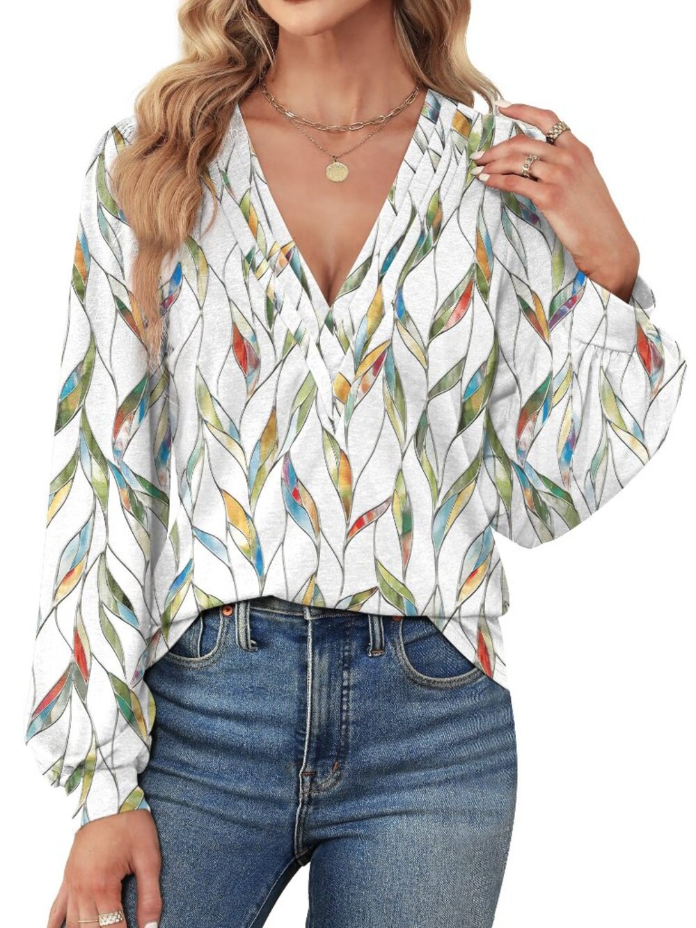 Agnès Urban White Multi-Color Leaf Print Long Sleeve Tee
